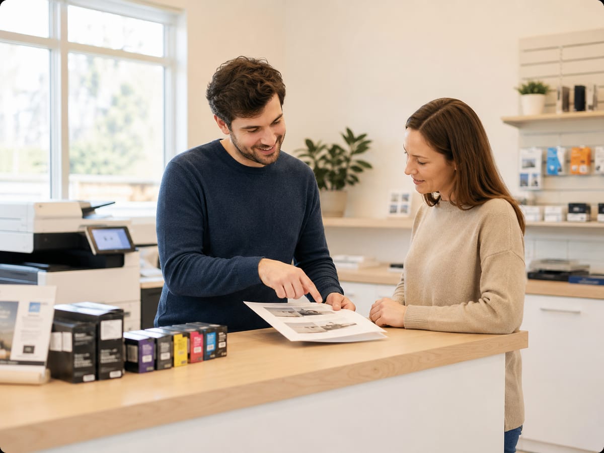 A TNT Toner Supplies staff member helping a customer at the counter, with printer ink and toner cartridges on display